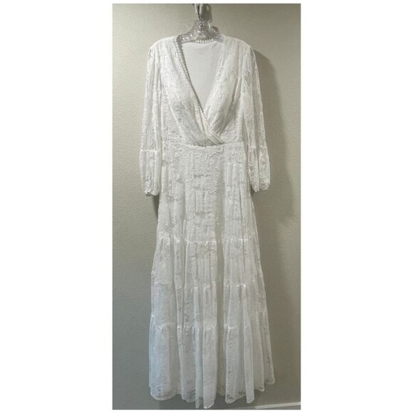 NWT, MERRY'S Lace Tiered Maxi V-Neck Surplice Wedding Gown, White - 14 - Picture 1 of 15